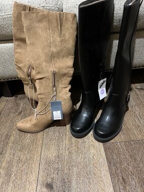 🔥 Boot bundle! Tan Suede Mid-Calf Boots and Black Knee-High Leather Boots